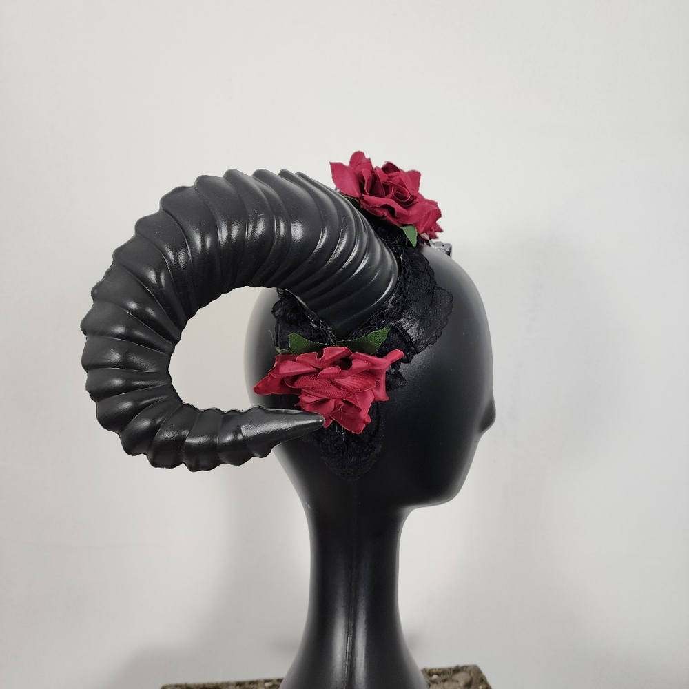 Krampus Devil Demon Horn Headband Red Rose Flowers Costume Head Piece Head Dress - Picture 6 of 9